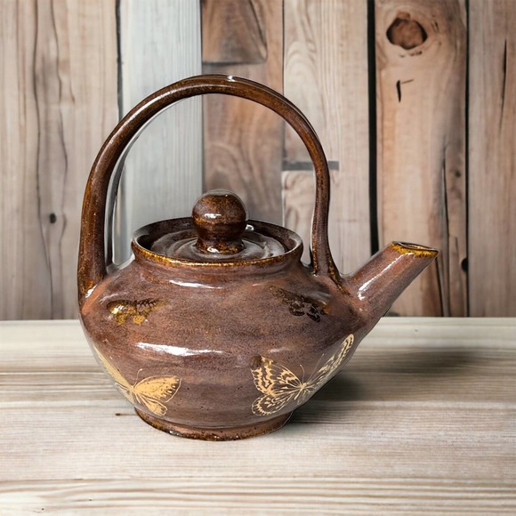 Teapot for One in Taupe with Genuine Gold Butterflies/Tea Lover Gift - Picture 9 of 10